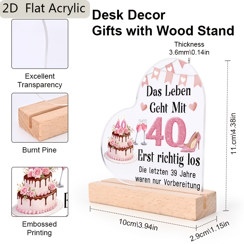 2d Flat, 2d Flat 1pc German Fun 40th Birthday Celebration Acrylic Plaque, Birthday Wishes Acrylic Sign, Pink Cake , Decoration Desktop Birthday Party Decoration Best Birthday Gift, 2d Flat