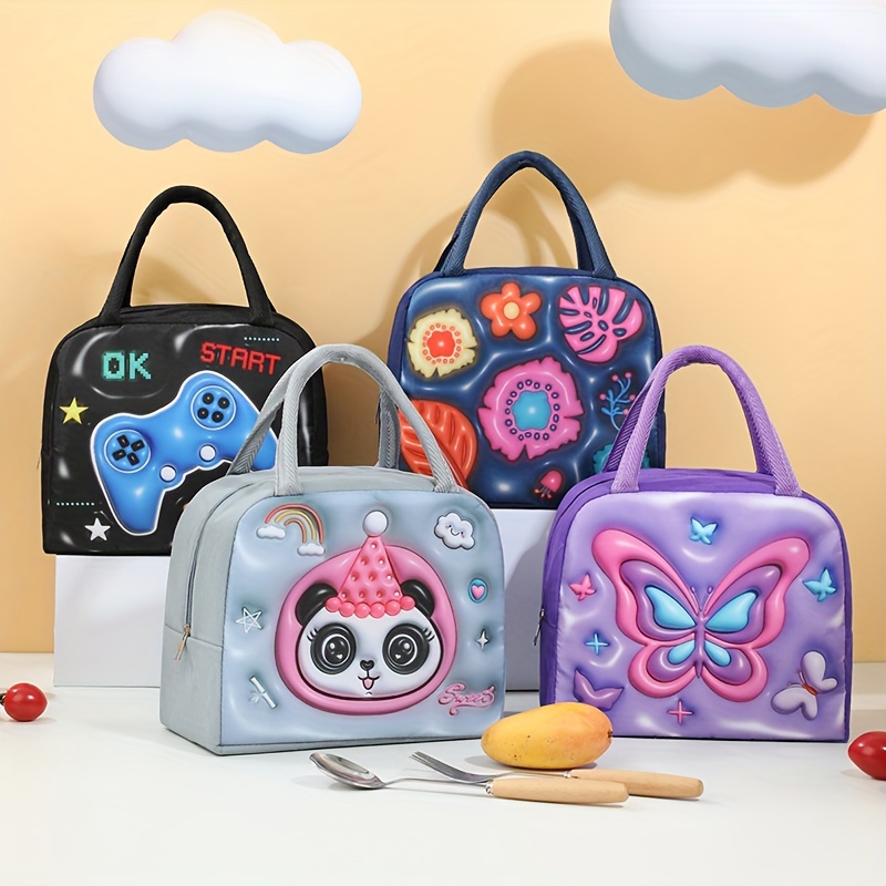 

Cute 3d Cartoon Insulated Lunch Bag - Polyester, Black, Animal Theme, Square Shape For School, Work, Picnic & Outdoor Use