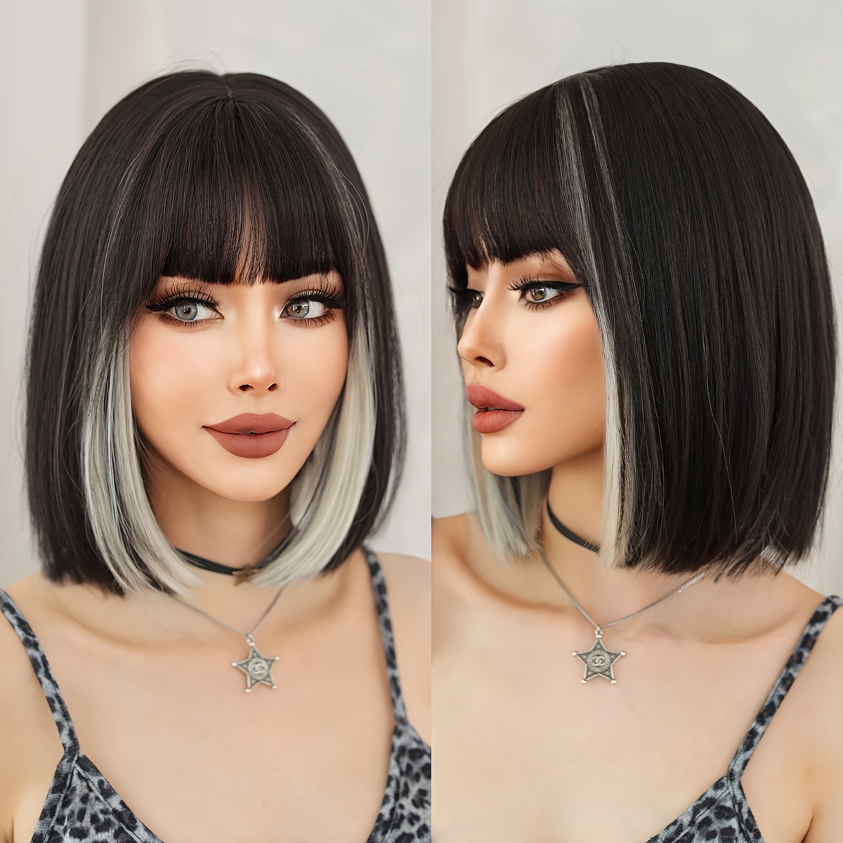 Costume Bob Wig Short Straight White Highlight Black Wigs For Women Daily Party Use High Density Highlight Silvery Bob Wig With Bangs Heat Resistant Synthetic Wigs 12 Inches