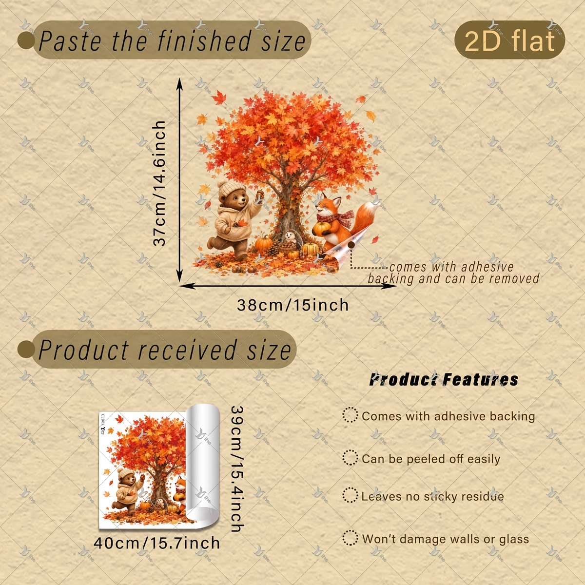 TEMU 2d Flat, 1pc 2d Flat Printed Autumn Bear With Knit Hat Fox Hedgehog Pumpkin Sunflower Maple 40*40cm Window Stickers, Creative Diy Self-adhesive
