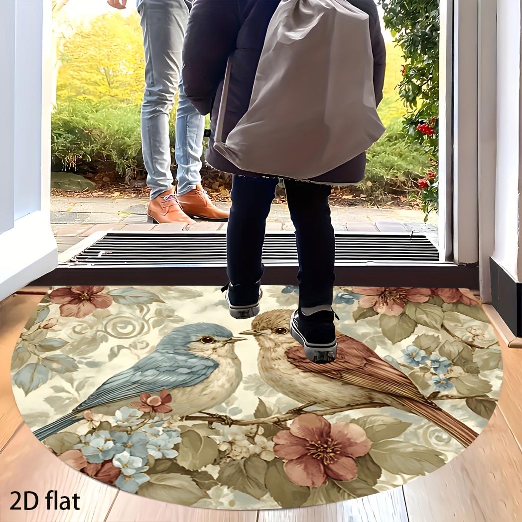 TEMU 1pc 2d Flat Vintage Chinese Bird And Floral Semicircular Doormat | Polyester, Unnapped Woven Fabric, Easy To Clean For Indoor And Outdoor Use,