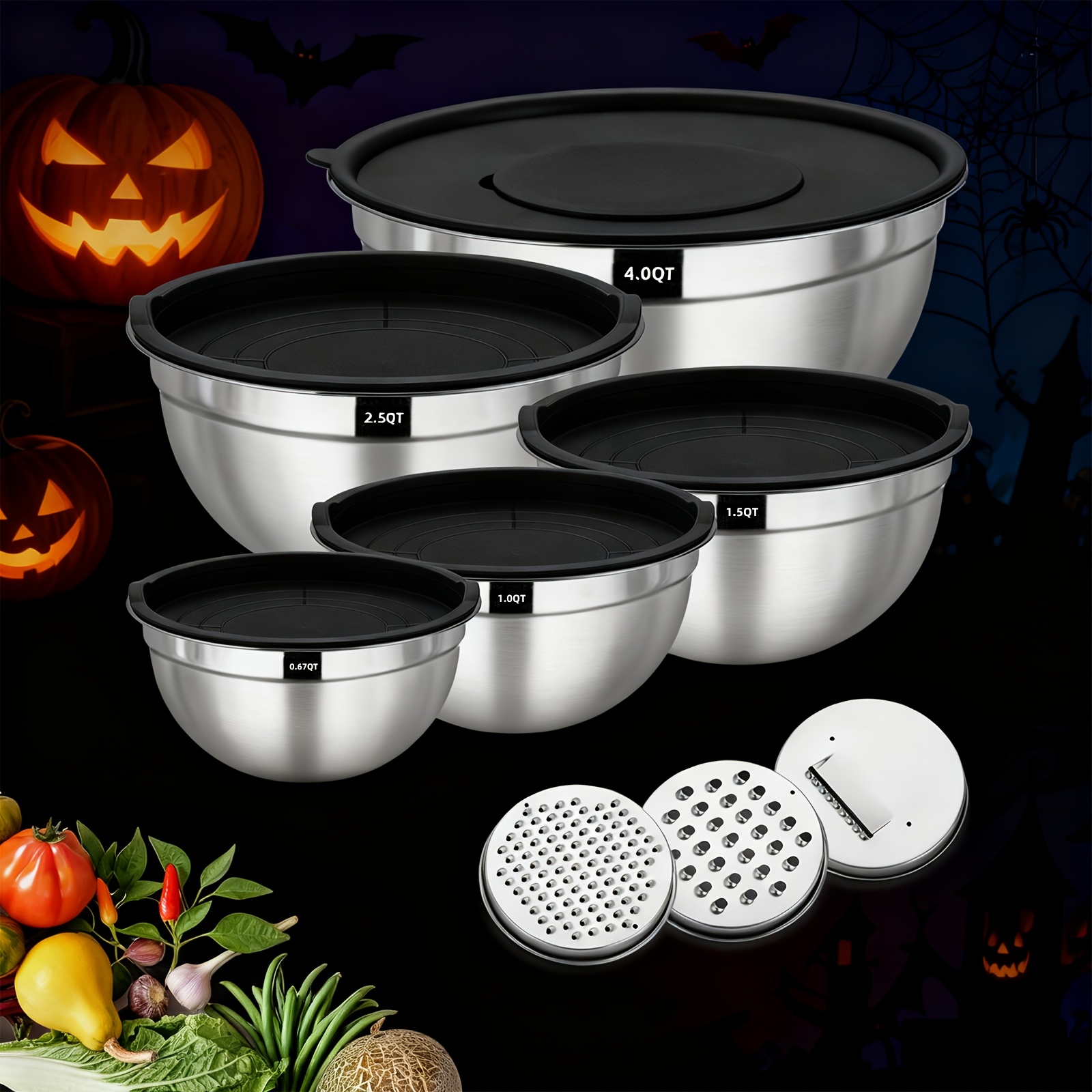 TEMU Lot de 5 à mélanger en acier inoxydable avec couvercles, 3 accessoires à râper, à mélanger empilables pour salade, fruits, pâtes et pâtisserie,