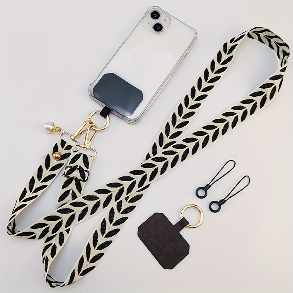 

Adjustable Crossbody Long Mobile Phone Lanyard, Wide Cloth Neckband Strap Rope Lanyard With Artificial Pearl Hanging Ornament, For Women