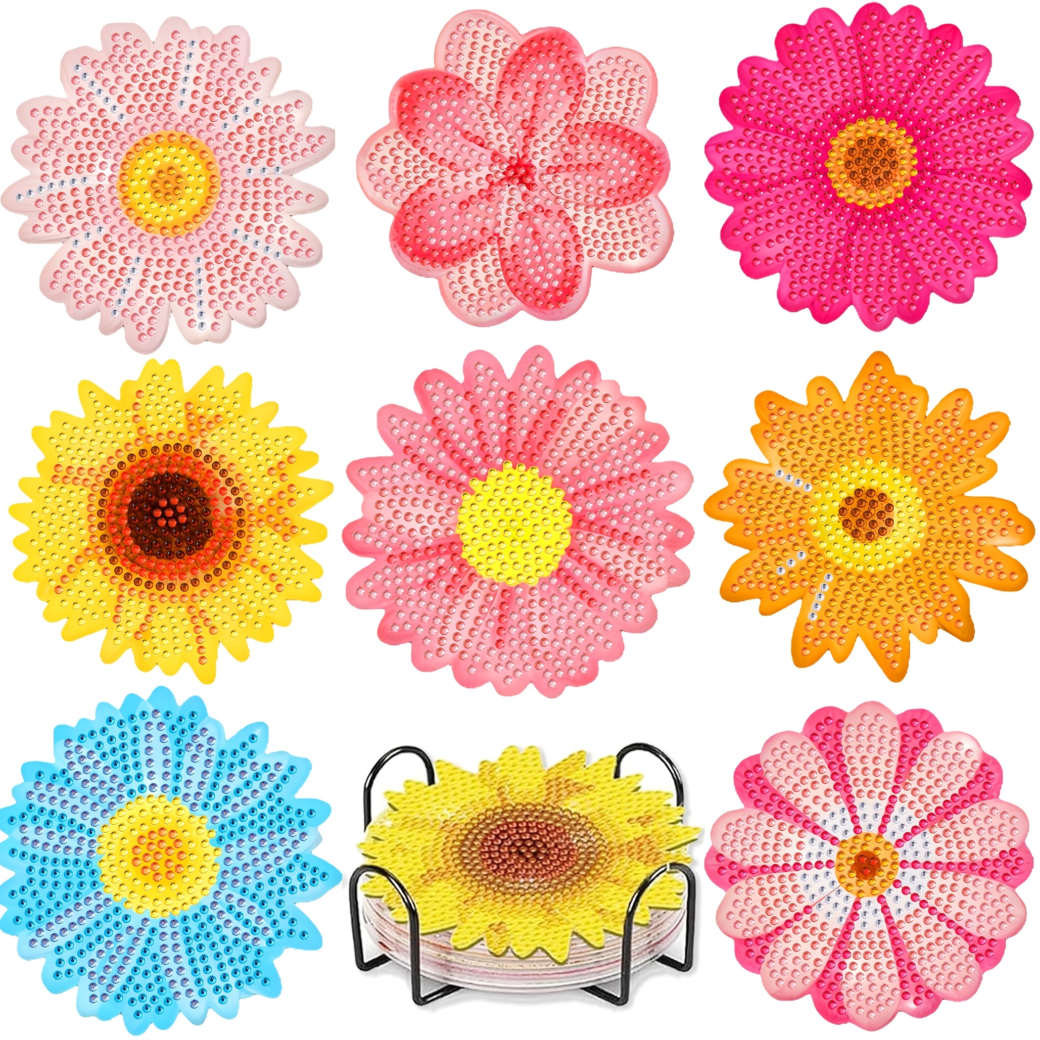TEMU An 8pcs Diamond Painting Set With A Stand, Featuring A Creative Floral-themed Coaster Set, A Sparkling Wooden Mosaic Craft Kit, Perfect For