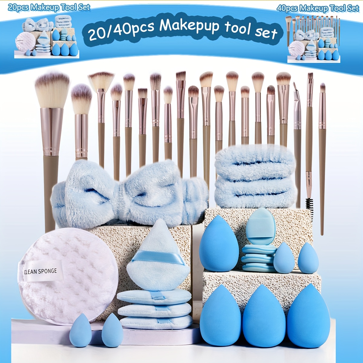 

20/40 Complete Makeup Brush Set With Nylon , Abs Plastic Handles, Makeup Remover Puff, Triangular , Finger , Blue Sponges- Full Kit For Foundation, Blush & Powder Application, Normal Skin Type