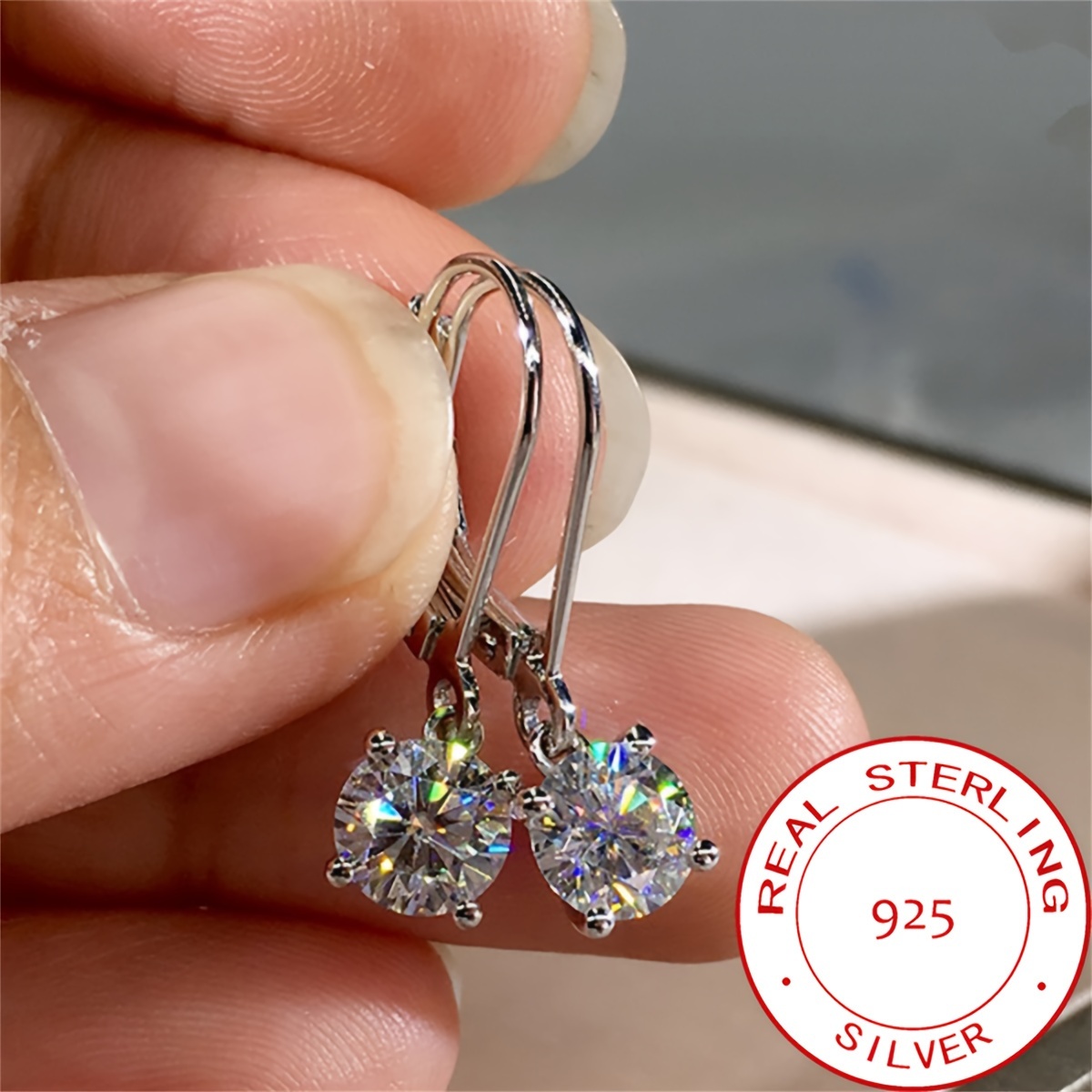 

Elegant Boho Style 925 Sterling Silver Plated Earrings With Synthetic Cubic Zirconia, Classic Four-prong Round Studs, High-quality Jewelry For Women, & Gift-, 1.5g Without Box