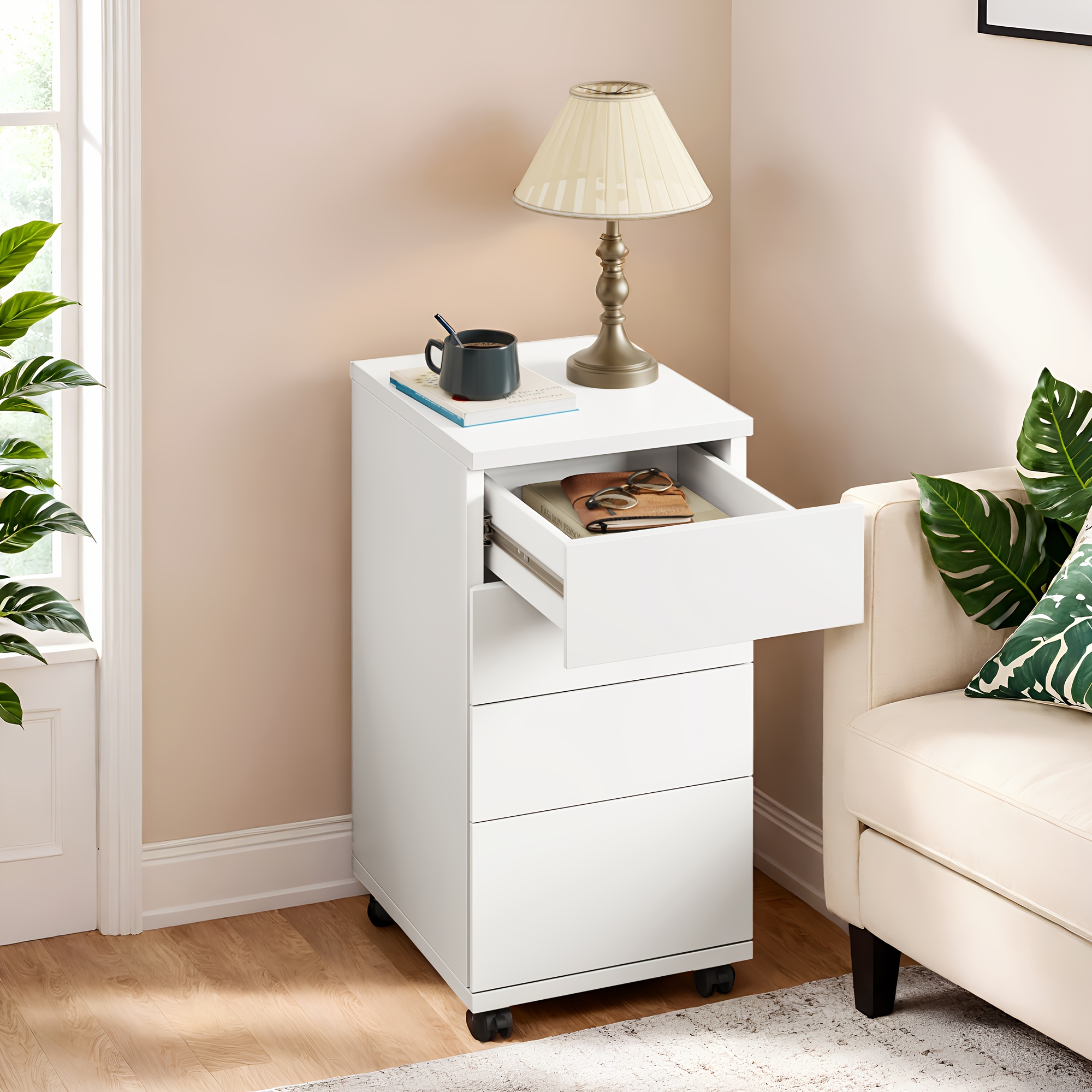 Image of Kealive Filing Cabinet With Wheels, Rolling Container With 4 Drawers, Storage Lockers Under The Desk, For Home And Office, White, 33 X 39 .5 Cm