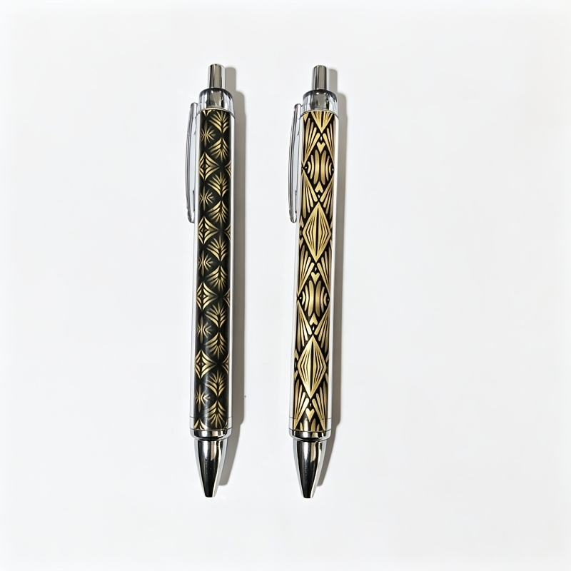 TEMU 2pcs Art Click Ballpoint Pen Set, Vintage Art Deco Black And Golden Geometric Pattern Pens, Smooth Writing Office Ballpoint Pens, Office