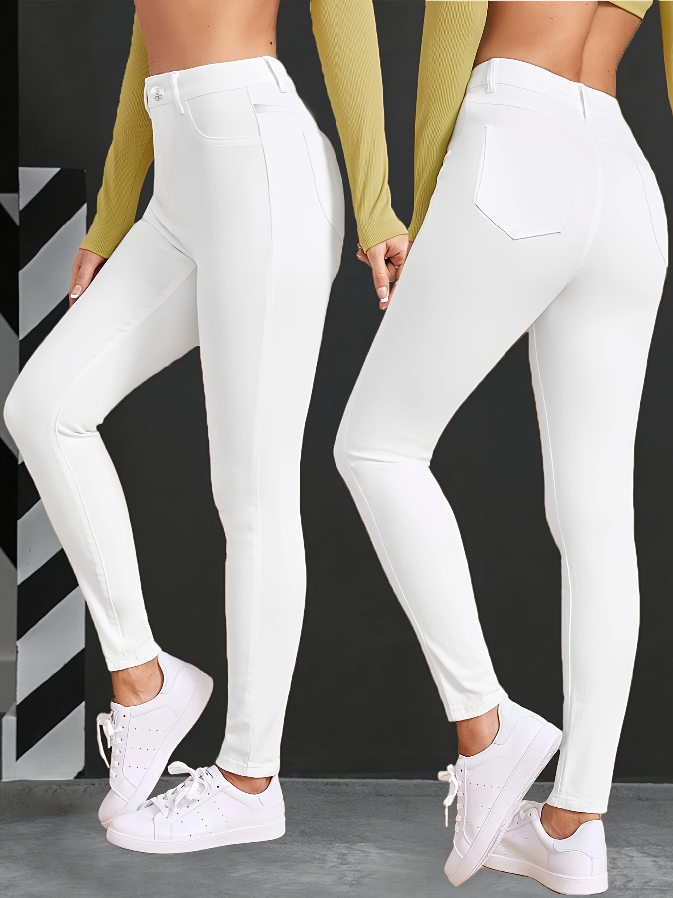 Women's White High-Waisted Skinny Trousers - Stretch Ankle-Cuff Slim-Fit Pants with Button Closure, Solid Color Elegant Tailored Leggings for Casual & Formal Wear, All-Season Trousers (No  )