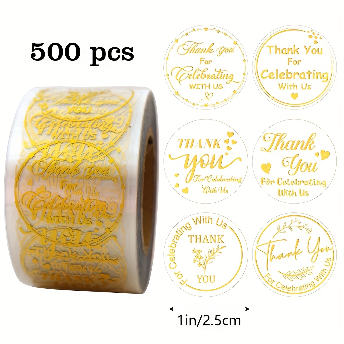 500 Stickers/roll Transparent Thank You For Celebrating With Us Self-adhesive Sticker Roll Multiple Pattern Round Transparent Gift Card Wedding Decoration Labels Pvc Self-adhesive Glittering Seals