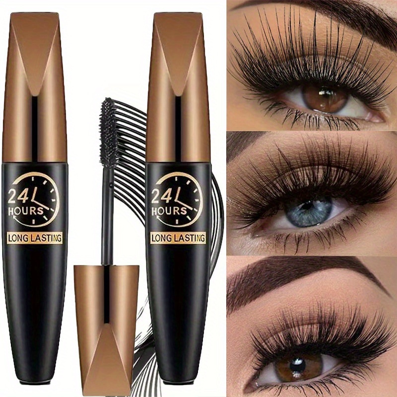 2pcs Waterproof Black Fiber Mascara with Eyelash Curler, Long-Wearing, Volumizing, No Clump, Smooth Application