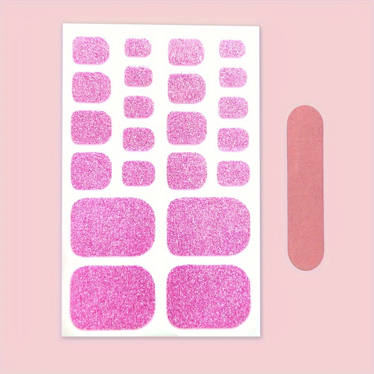 A Sheet Of Solid Pink Glitter Nail Stickers, Fully Covering Nail Polish Stickers That Are Self-adhesive, Suitable For Women And For Nail Art Crafts (the Color Of The File Strip Accessory Is Random)