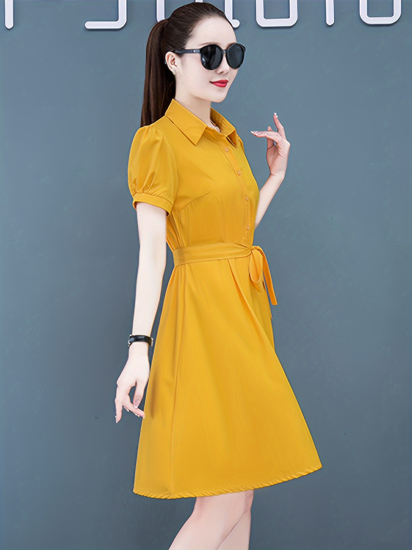 women's elegant mustard yellow shirt dress belted waist long