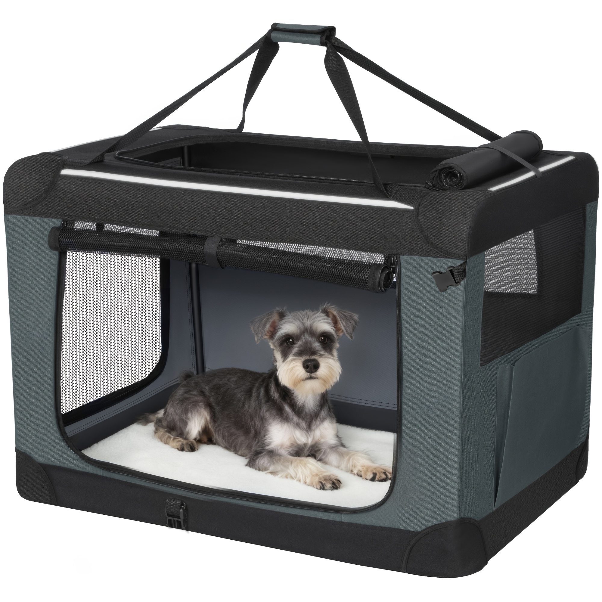 Image of Foldable Dog Carrier, Portable 3-door Folding Travel Dog Carrier, 60*42*42cm, Breathable , With Removable Mat And Side Storage Pockets, Suitable For Indoor And Outdoor Use, Grey.