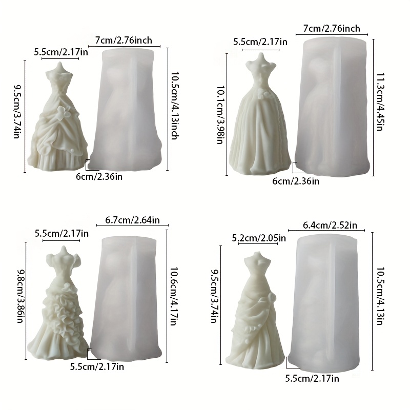 E-shop Set mit 4 dreidimensionalen Silikonformen für Hochzeitskleider und Röcke, zum Herstellen von Duftkerzen, handgemachter Seifen und Souvenirs.