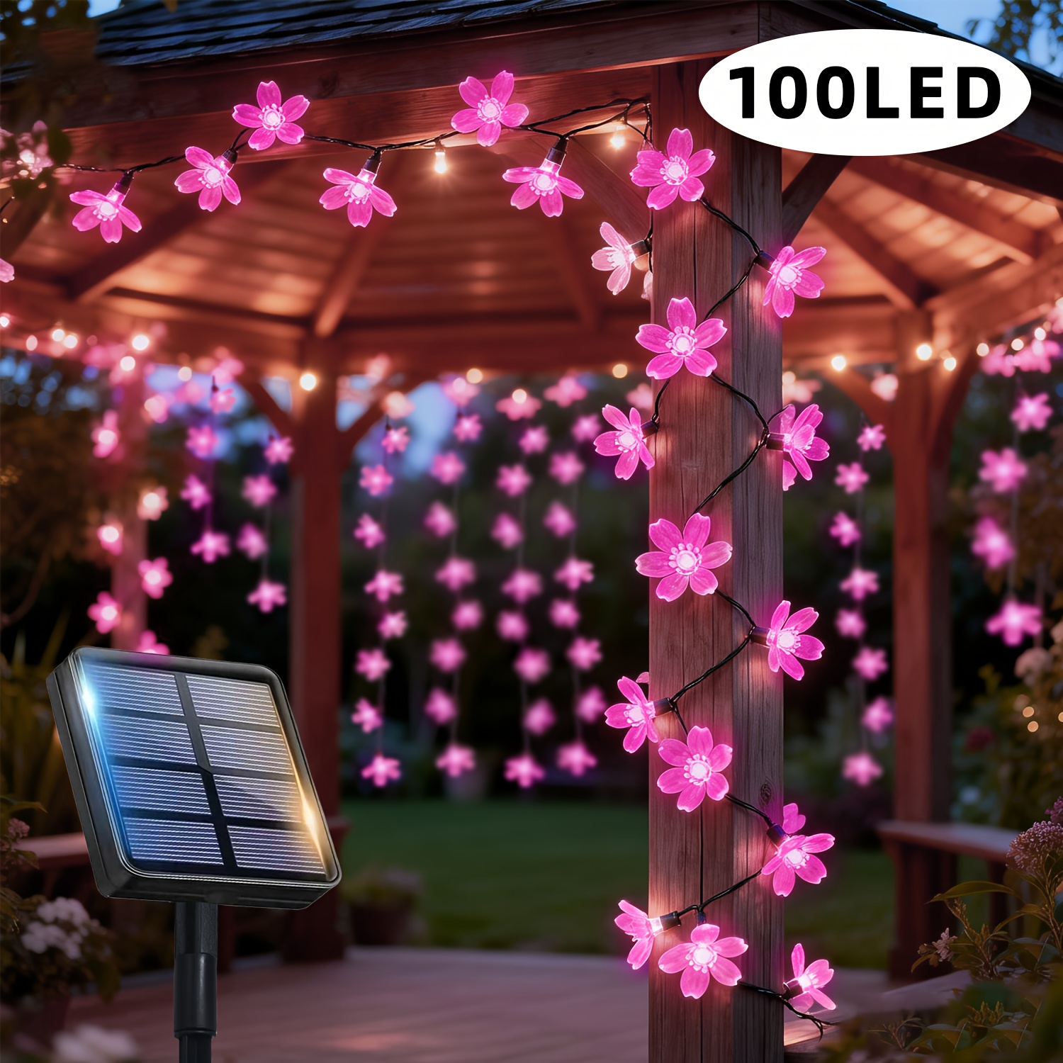 TEMU Solar Cherry String Lights - 100/50/20 Led Lights, 12-mode Outdoor Solar Lights, Light Sensor, For Easter, 's Day, , Parties, Ramadan, Weddings,