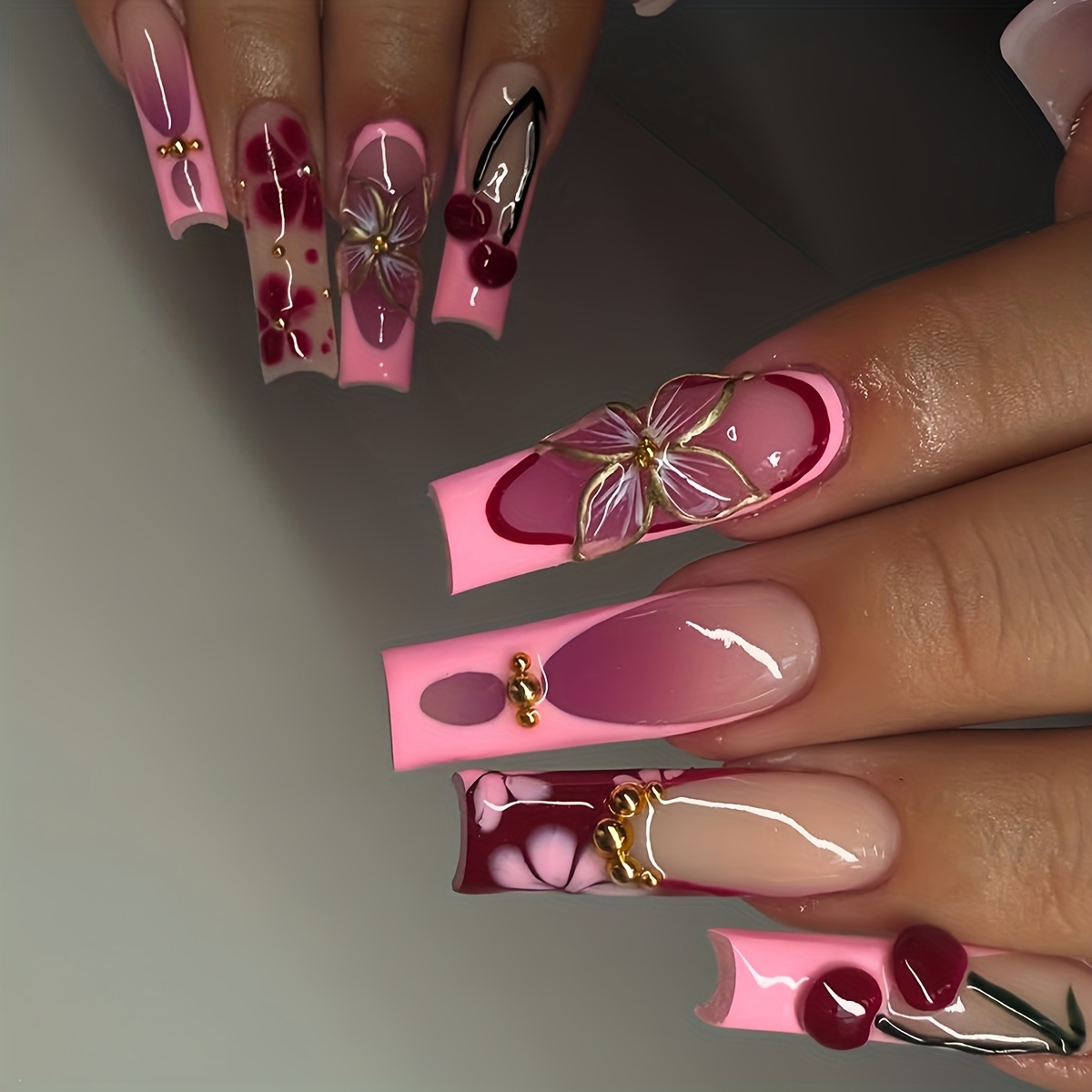 TEMU A Set Of 24 Long Coffin-shaped Press-on Nails Featuring Elegant Gilded Flowers, Sweet Cherries, And Cute Patterns With Light Luxury . Suitable