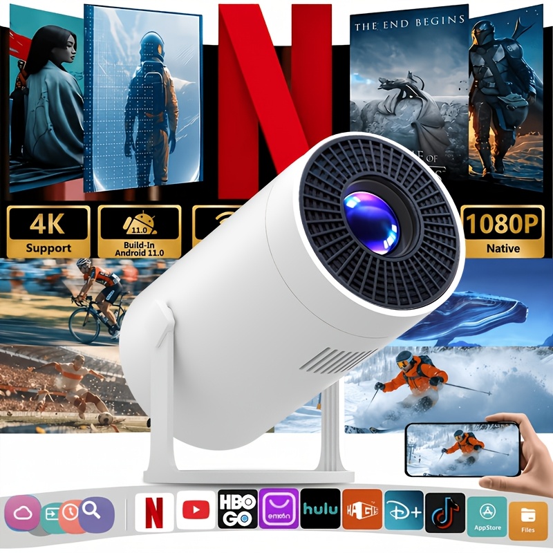 E-shop 4K Full HD Smart-Projektor, kabelloser Projektor mit WLAN Bluetooth, unterstützt 1080P, 180-Grad-Drehung, integrierte Lautsprecher, geeignet für