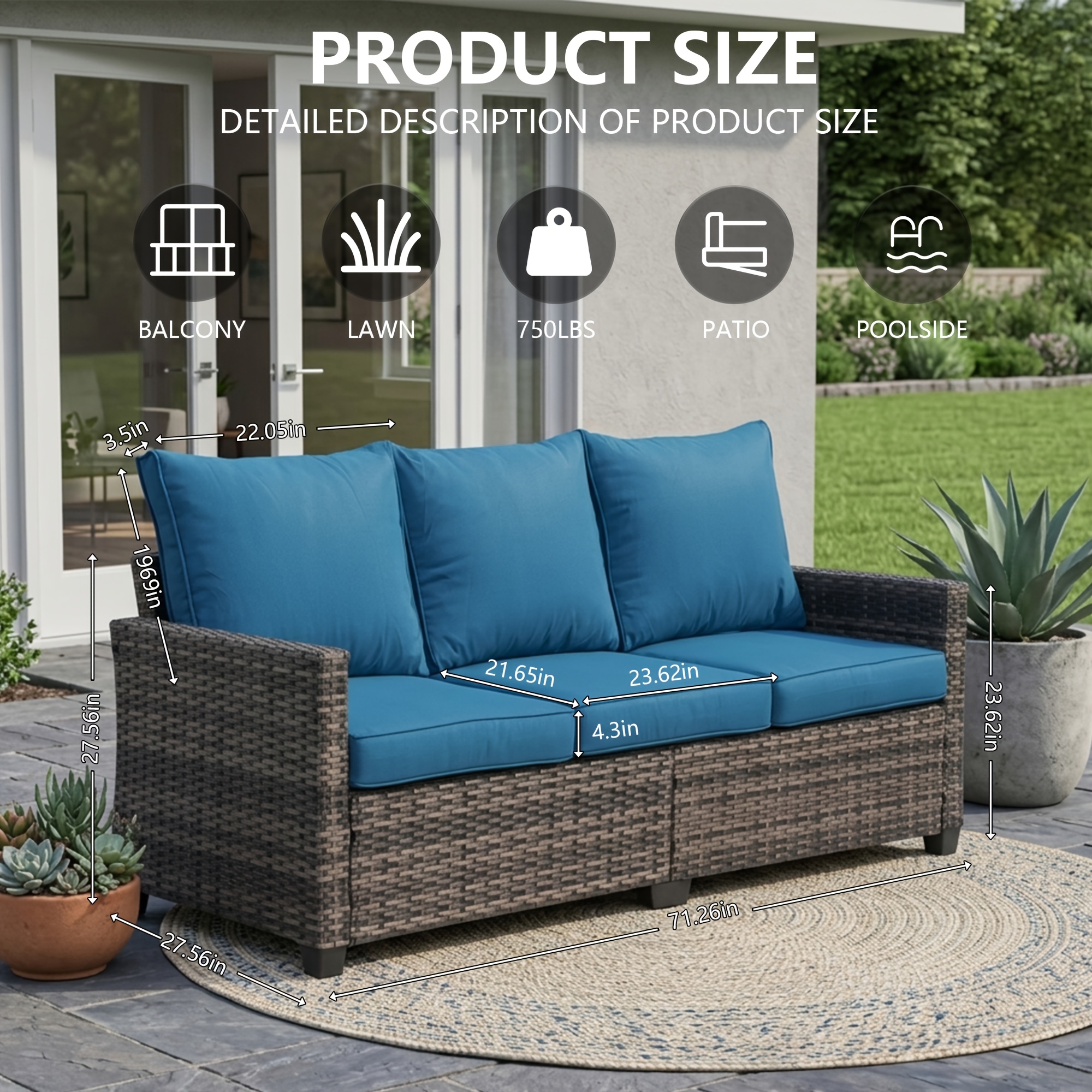 3 seater outdoor wicker patio sofa with deep seats and cushions black and blue   sofa weather resistant hdpe material non slip design suitable for backyard or deck outdoor seating classic wicker sofa cushioned  