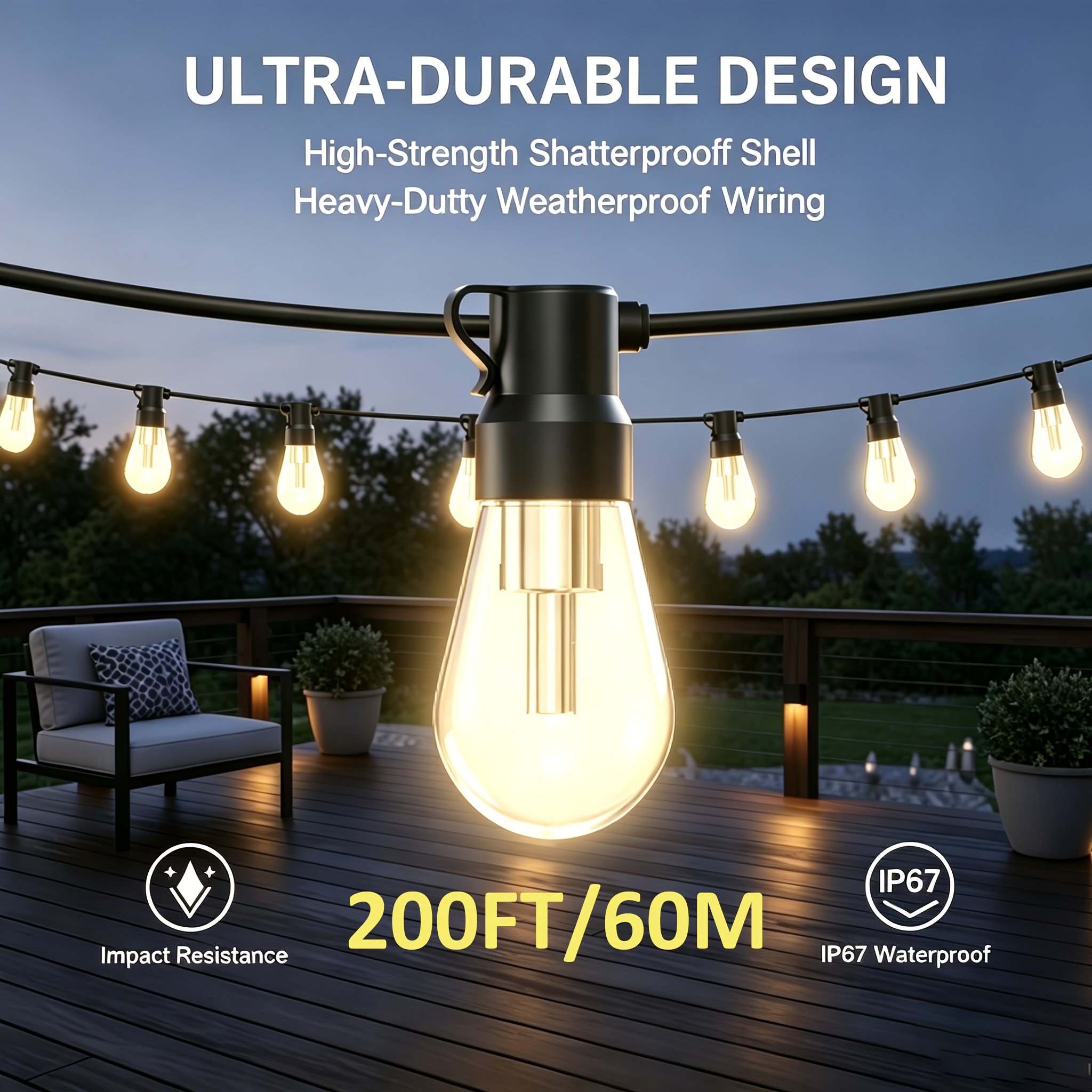 TEMU 200ft Outdoor String Lights, Led Patio Lights With Ip67, Shatterproof Bulbs Outside Hanging Light With Switch&plug For Backyard, Porch, Garden,