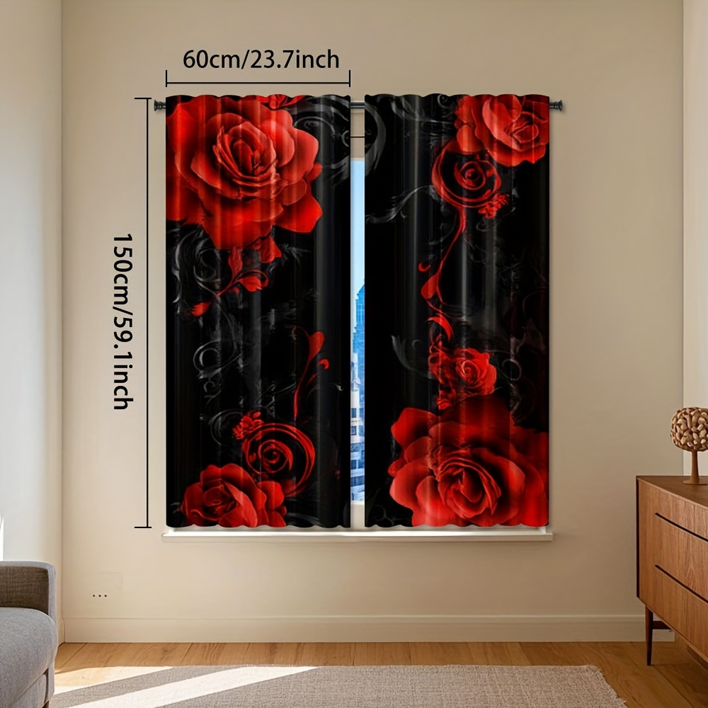 TEMU 2pcs Warm Red Rose Pattern Curtains - Polyester, Light Filtering, Rod For Bedroom, Living Room, Office - Black Background With Vibrant Floral
