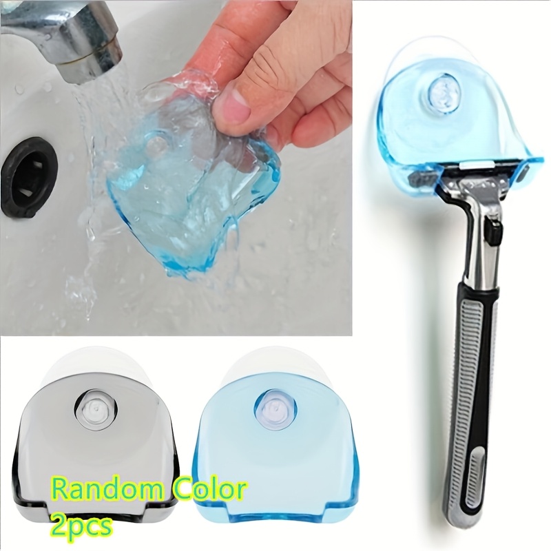 TEMU Juego de 2 soportes de plástico para maquinilla de afeitar, color aleatorio, estante de almacenamiento transparente de pared para baño con y
