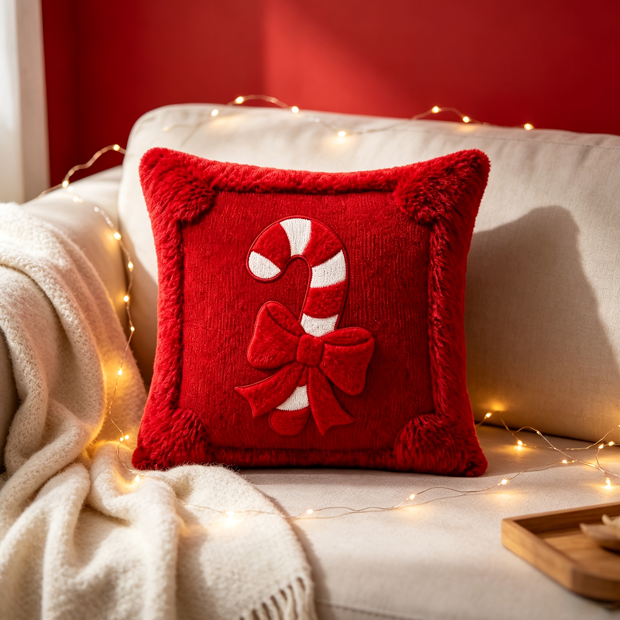 TEMU 1pc 18x18 Inch Plush Cushion Cover Suitable For Christmas & Winter Decorations, Soft Zippered Pillowcase With Candy Ribbon, Machine Washable