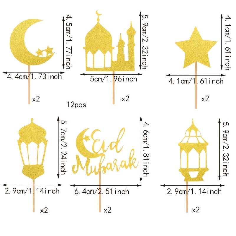 Image of 12pcs Cupcake Toppers Glitter Stars Ramadan Kareem Cupcake Picks Moon Star Eid Theme Party Cake Decorations