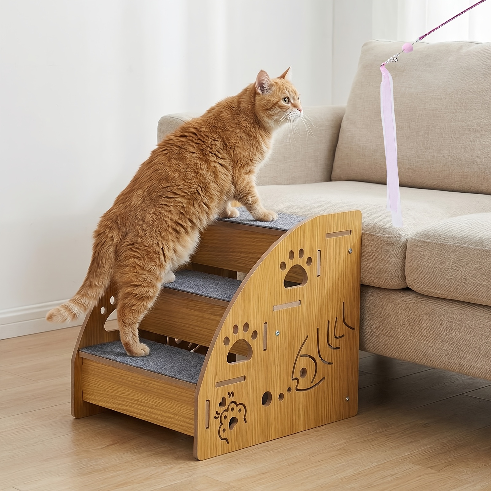 Image of Pet Stairs, 3 Or 4 Layers Height Optional, Free Cat Wand Toy Included, Low-step Gentle Slope Tread, Small Assistance Ramp, Natural , Universal Stairs For Bed, Sofa, And Windowsill