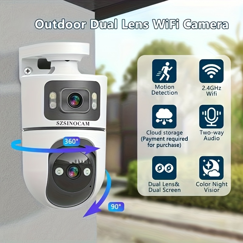 Image of Dual Lens Wireless Camera, Ptz Outdoor With 2.4g Wifi, Dual Screen, Auto Tracking, Night Vision, Audio, Motion Detection For Safety And Monitoring