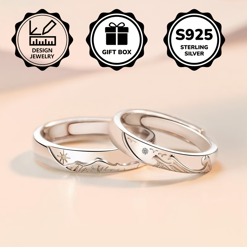 Image of 1 Pair Of S925 925 Silver Open Adjustable Couple Rings For Men And Women, High-quality Jewelry, Engagement Ceremony Wear, Approximately 6.