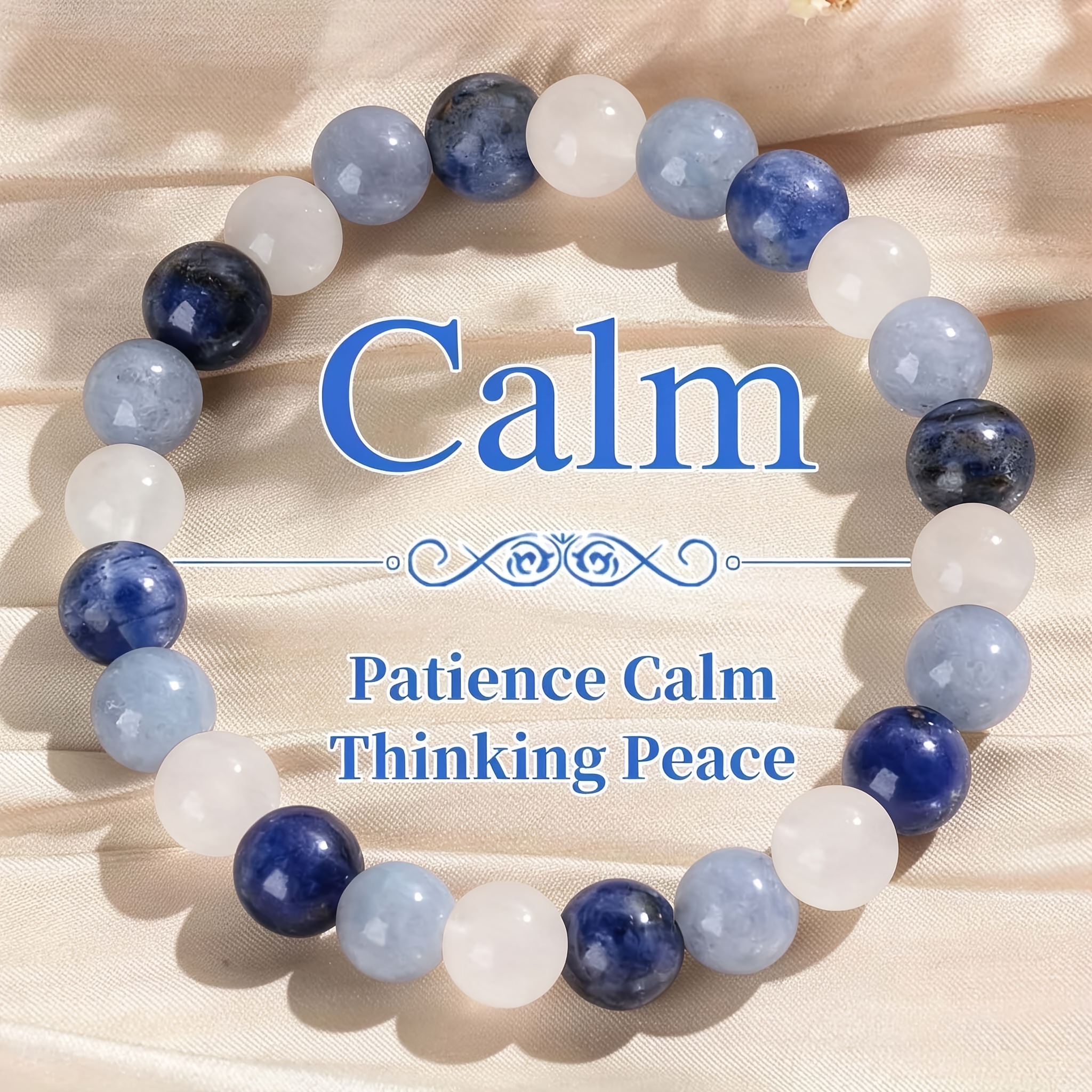 Image of 1pc 8mm Natural Stone Bead Bracelet - , "quiet" Pendant, Blue And , Perfect For Daily Life And , Attracts Wealth And , Holiday Bracelet | Quiet Pendant | Elastic Bracelet