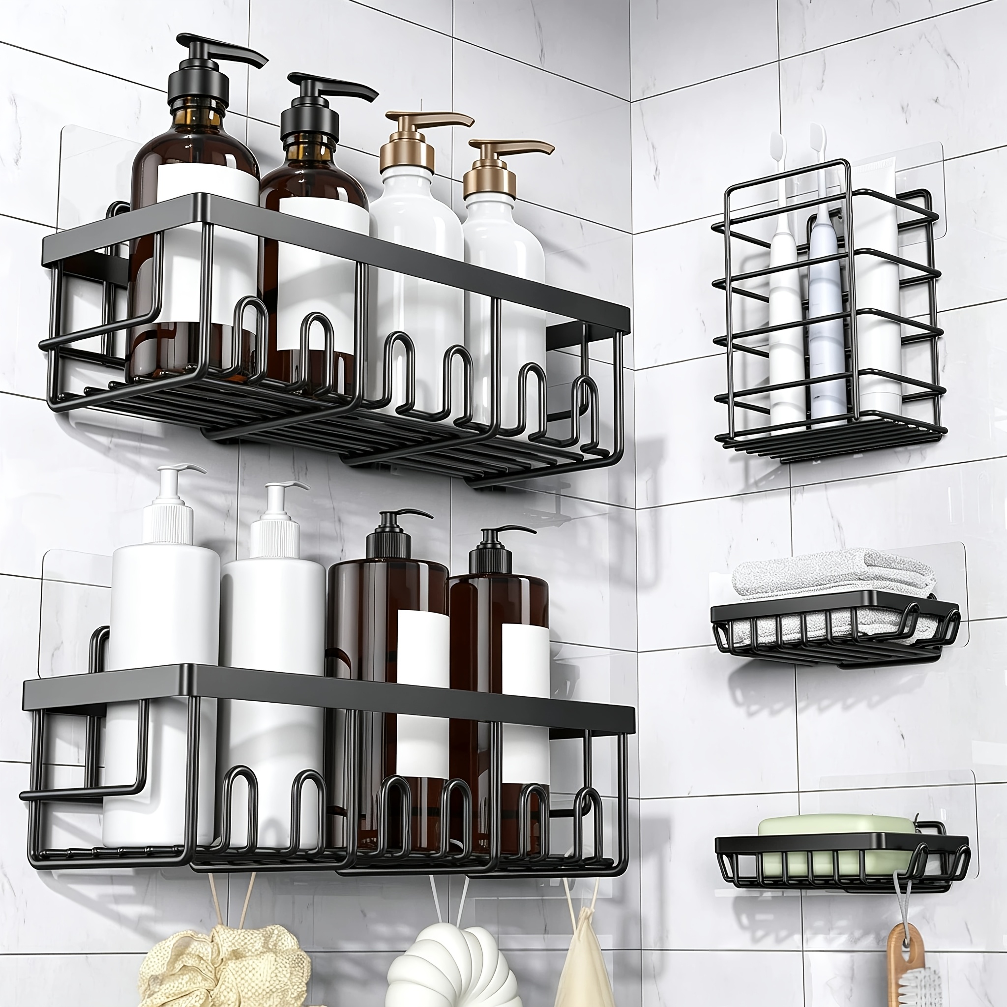 TEMU Organisateur de Douche, Lot de 5 Étagères de Douche Adhésives en Acier Inoxydable Antirouille avec Porte-Savon, Support de Rangement de Douche