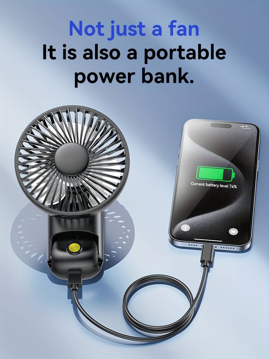 Handheld folding fan with USB charging, suitable for desktop office use, bedroom, outdoor travel, camping, neck hanging, students' classes, five wind levels, power level display, long-lasting battery life of 6000mAh, with charging treasure function