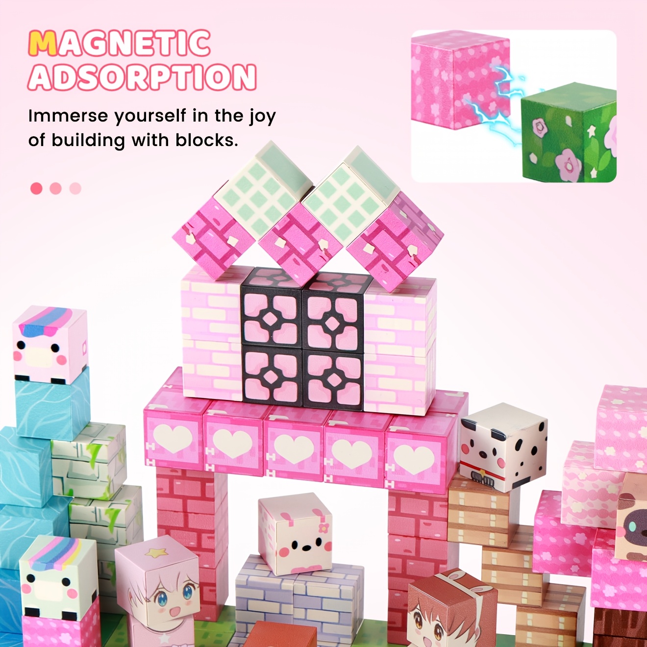 100pcs STEM Magnetic Building Blocks & Tiles, Pink Forest Park Theme