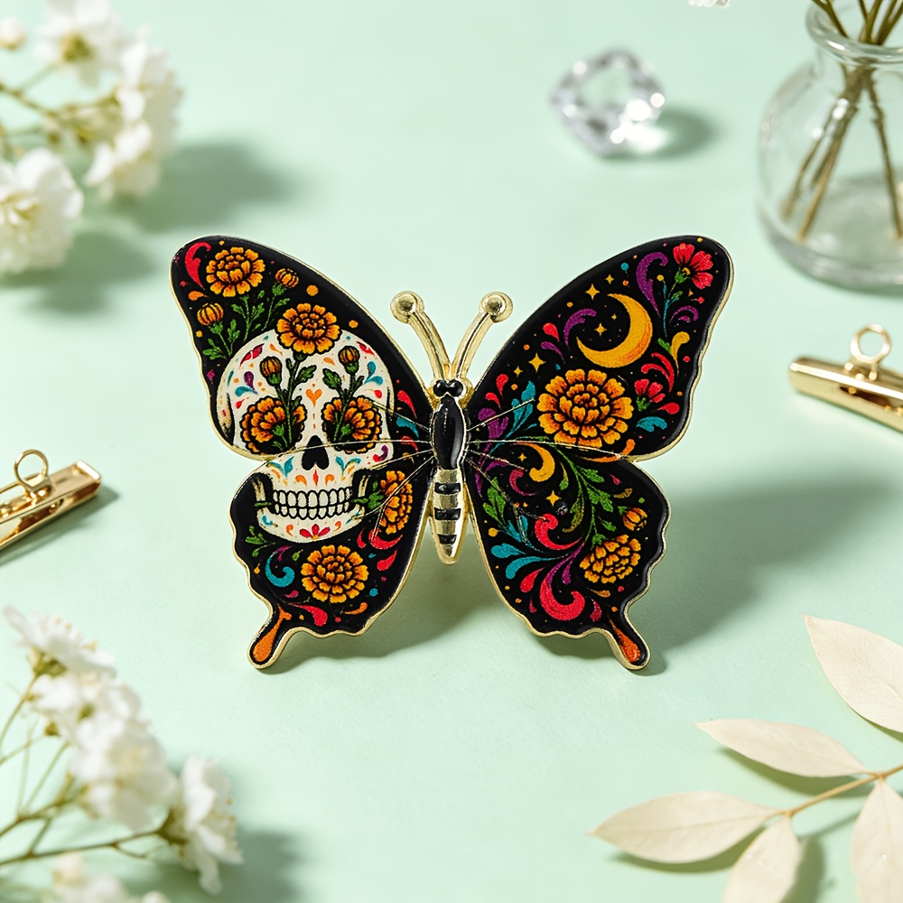 TEMU de esmalte de calavera de del Día de Muertos, broche de floral, accesorio de moda navideño para chaquetas, bolsos y sombreros