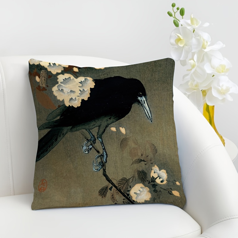 

Mid-century Ink Painting Crow Double-sided Printed Throw Pillow Cover, 18x18 Inch, Machine Washable, Reversible Zippered Polyester Cushion Case For Hallway - 1pc