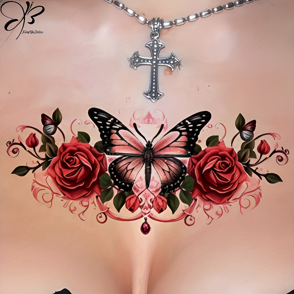 een romantische en elegante vlinder roos tattoo sticker - Temu Belgium, image size:1022x1022