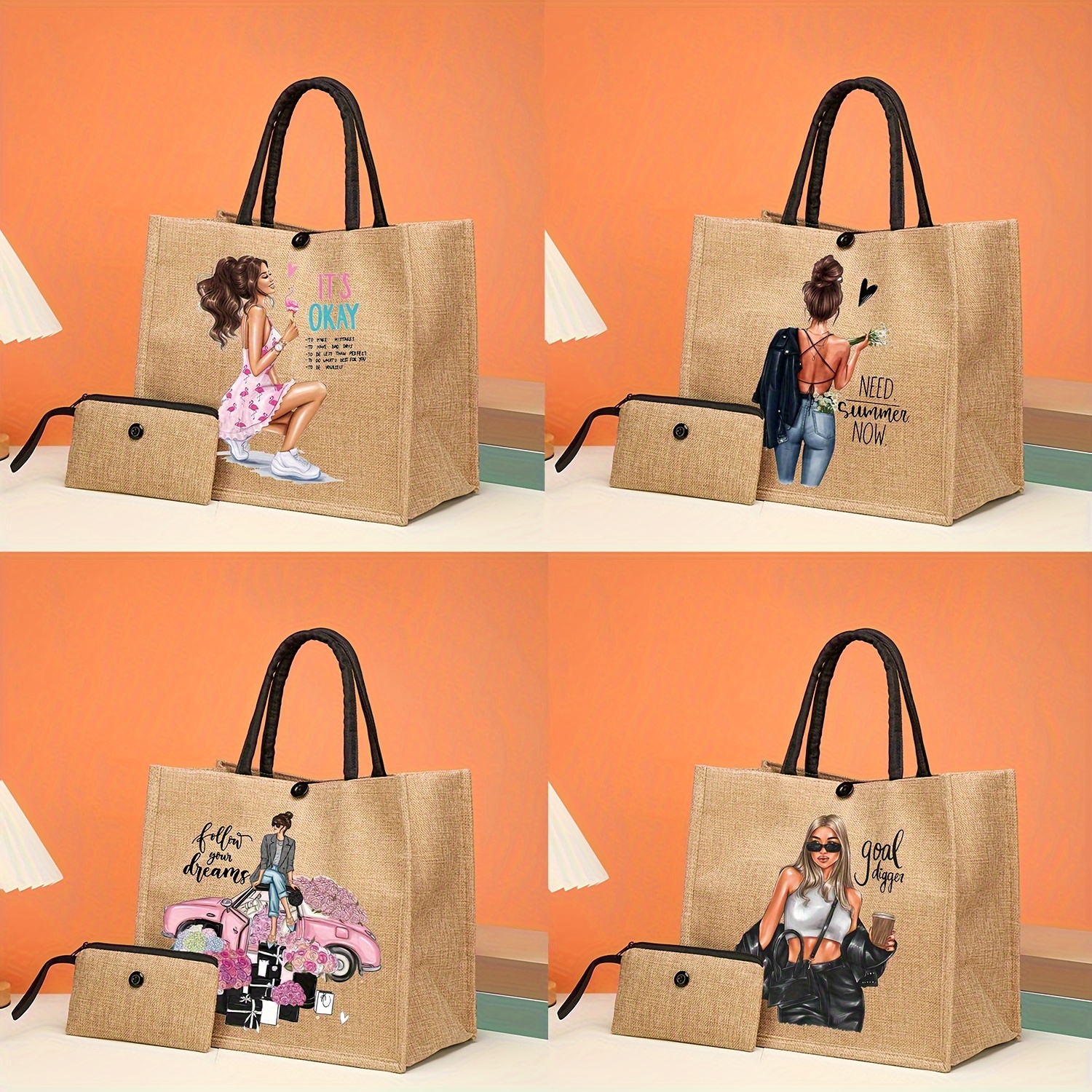 

Ensemble de 2 sacs fourre-tout à motif de dame à la mode, sac de shopping en toile de jute léger, sac de plage de voyage portable avec trousse de maquillage