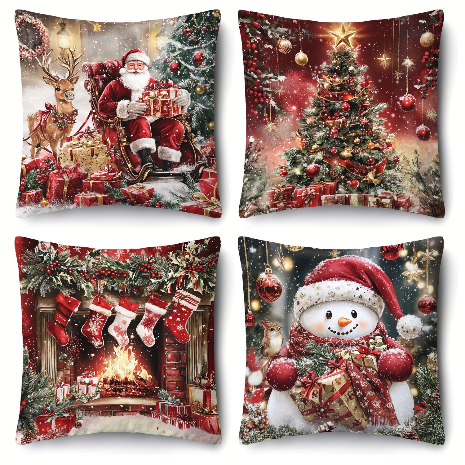 TEMU 4pcs, 2d Printed Winter Christmas 4pcs Set - Christmas Tree, Snowman, Santa Gift, Snowflake Pillow Covers - Soft And Comfortable Decorative