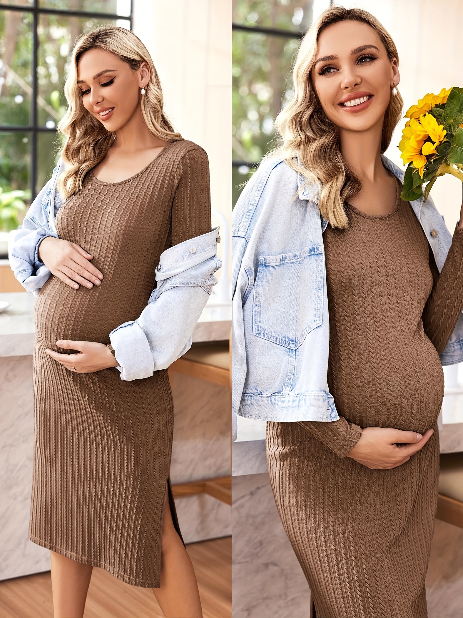 solid color maternity dress rib knit long sleeve side Temu