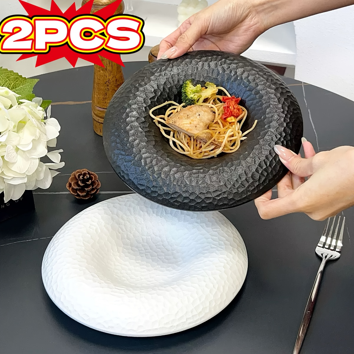 2 Elegant Black and White Ceramic Plates - Premium Tableware with Creative Hammered Design, Perfect for Western Cuisine Desserts Salads Home & Restaurants Artistic Straw Hat Style