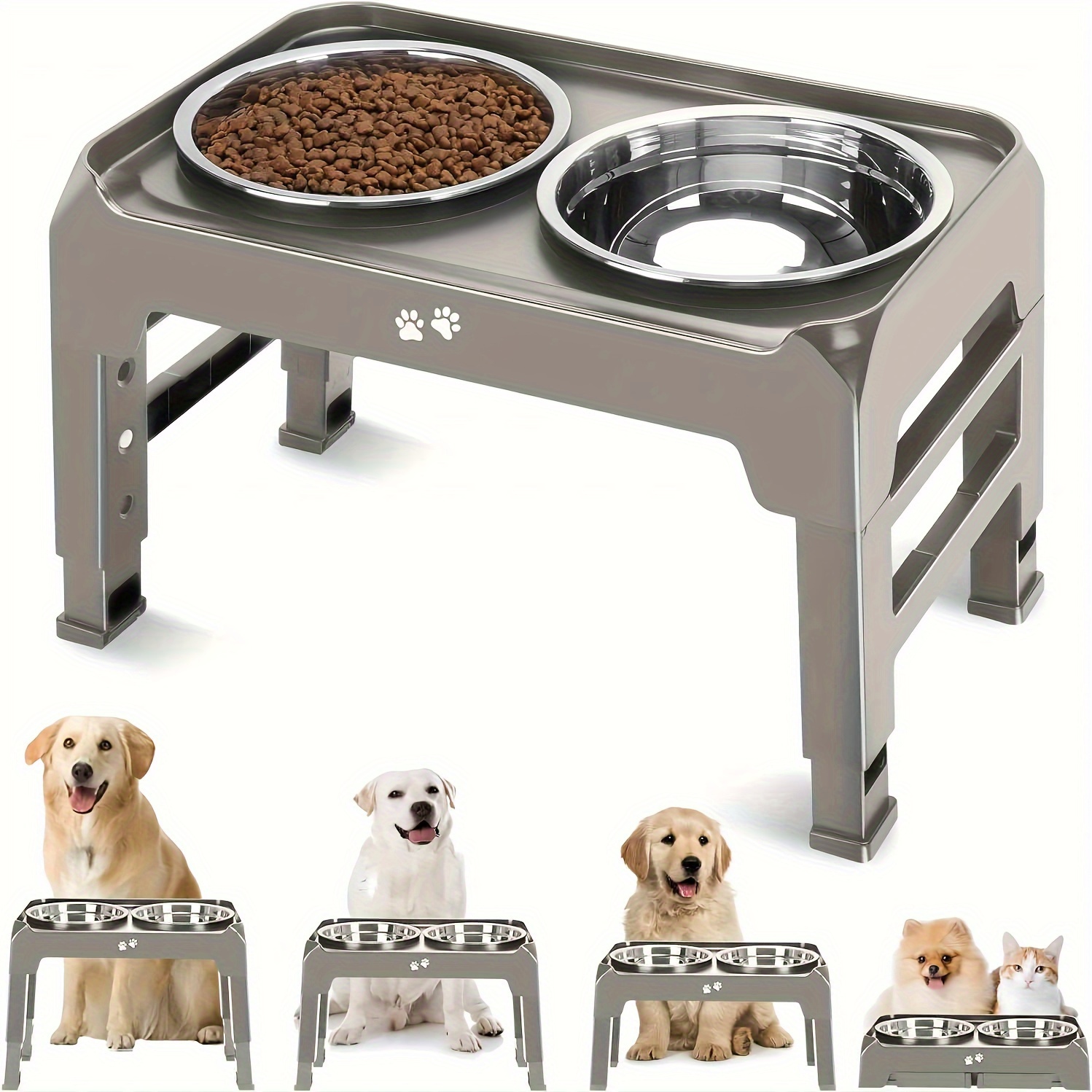 

Elevated Dog Bowls, 4 Height Adjustable Raised Dog Bowl Stand With 2 50oz Stainless Food Bowls Non-slip Dog Feeder For Dogs Adjusts To 3.7"/9.4 Cm, 9.2"/23.4cm, 10.75"/27.3cm, 12.36"/31.4cm Light