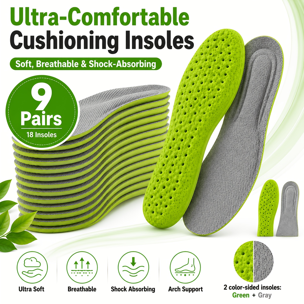 TEMU 9pairs/ 2pairs Ultra-comfortable Insoles] Ultra-comfortable Cushioning Insoles | Soft, Breathable, And Shock-absorbing Replacement Insoles With