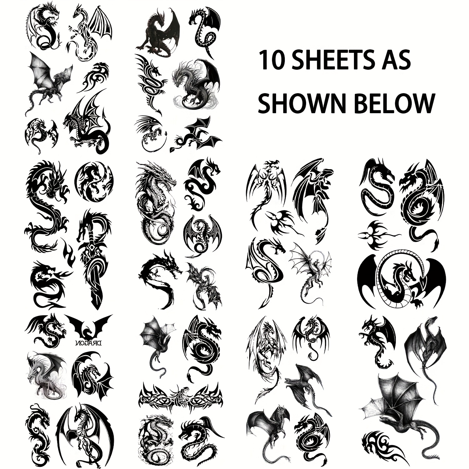 Image of 10 Sheets Ftvltat Black Dragon Temporary Tattoos, Colorful Dragons, , , Bench Dragons, Grass Dragons, Body Art Decoration, Perfect For Body Makeup, Long-lasting Realistic Waterproof