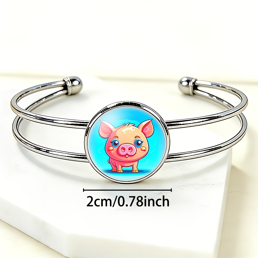 Adjustable Open Bangle with Round Gemstone Inlay, Cute Cartoon Pig Design