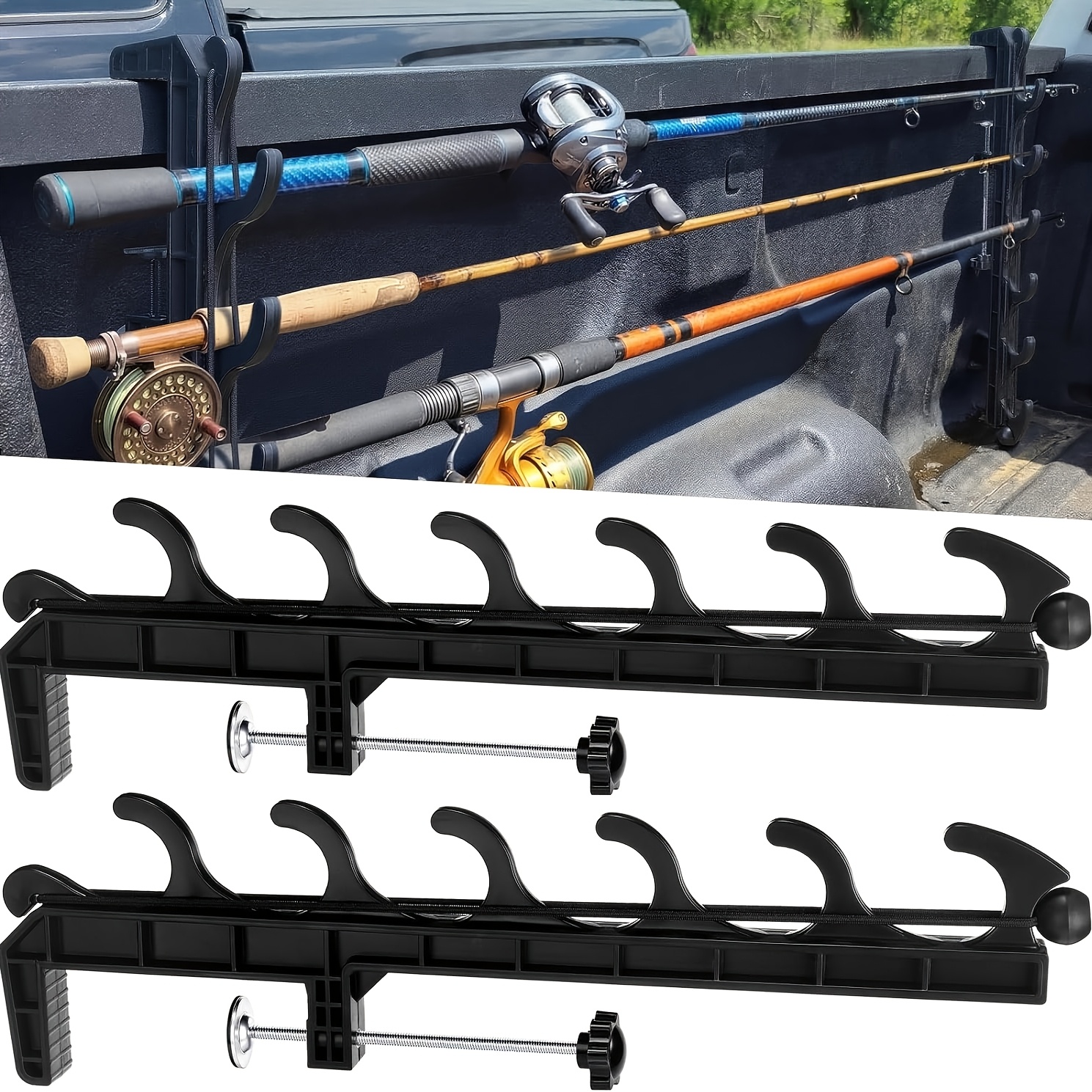 TEMU 2 Sets For Truck Bed Fishing Rod Holder, Fishing Pole Rack For Truck Holds 6 Rods, Fits 2.36" Thick Rails, Kayak & Fly Rod Storage Stand
