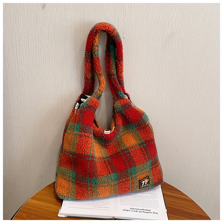 Colorful plaid bag styled for everyday use