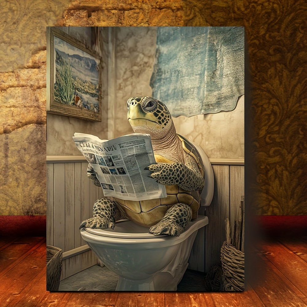 

Sea Turtle On Toilet Reading Newspaper - 8x15" Canvas Print With Wooden Frame For Living Room, Bathroom, Bedroom Decor, Room Decor