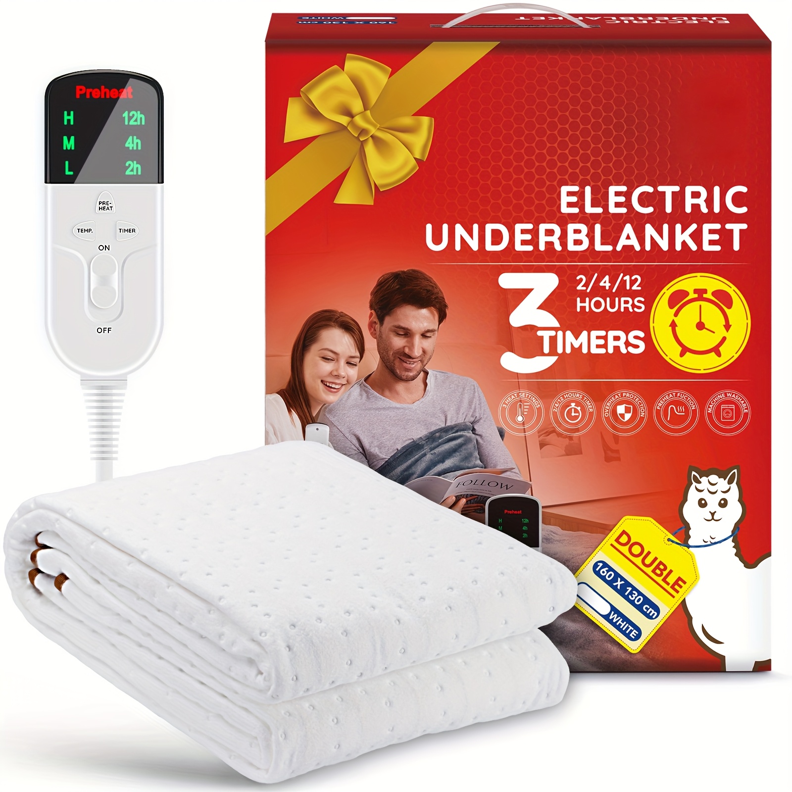 TEMU Electric Heated Blanket Double With, Heated Underblanket, 160x130cm, 12hour Timers, 3 Heat Settings